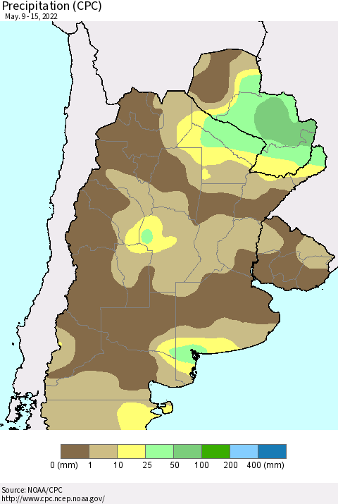 Southern South America Precipitation (CPC) Thematic Map For 5/9/2022 - 5/15/2022