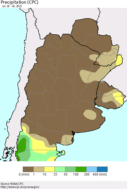 Southern South America Precipitation (CPC) Thematic Map For 7/18/2022 - 7/24/2022