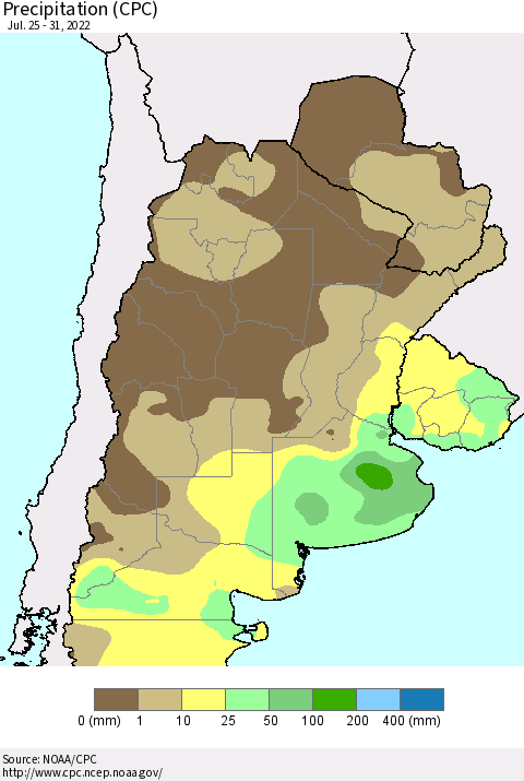Southern South America Precipitation (CPC) Thematic Map For 7/25/2022 - 7/31/2022