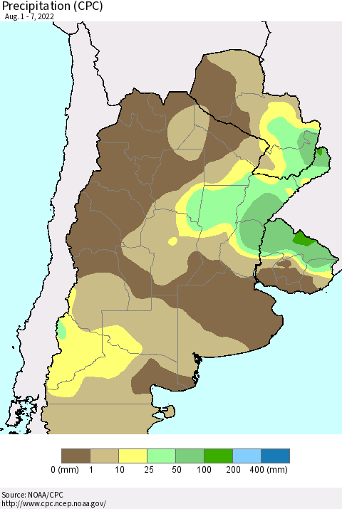 Southern South America Precipitation (CPC) Thematic Map For 8/1/2022 - 8/7/2022