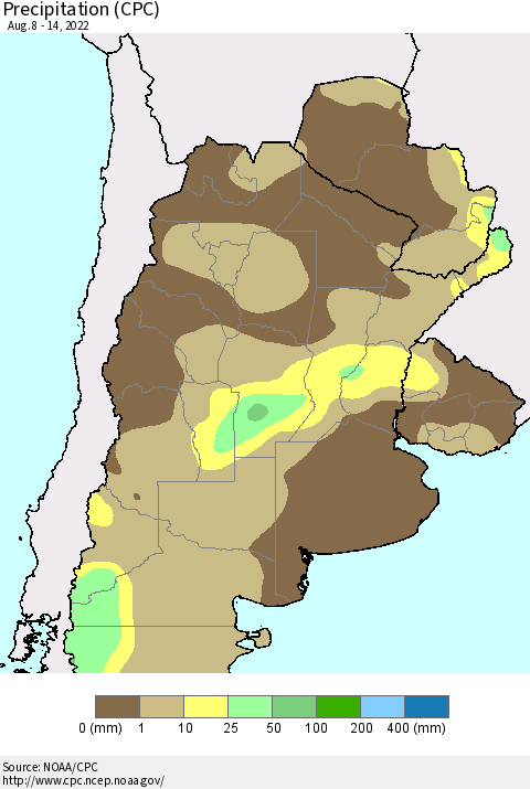 Southern South America Precipitation (CPC) Thematic Map For 8/8/2022 - 8/14/2022