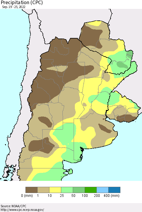 Southern South America Precipitation (CPC) Thematic Map For 9/19/2022 - 9/25/2022