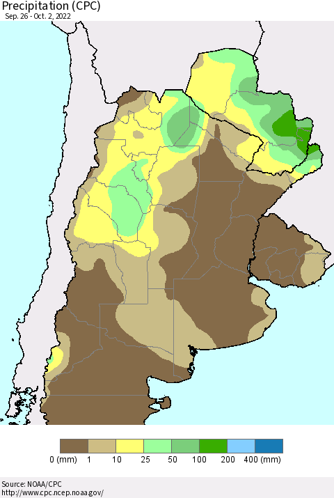 Southern South America Precipitation (CPC) Thematic Map For 9/26/2022 - 10/2/2022