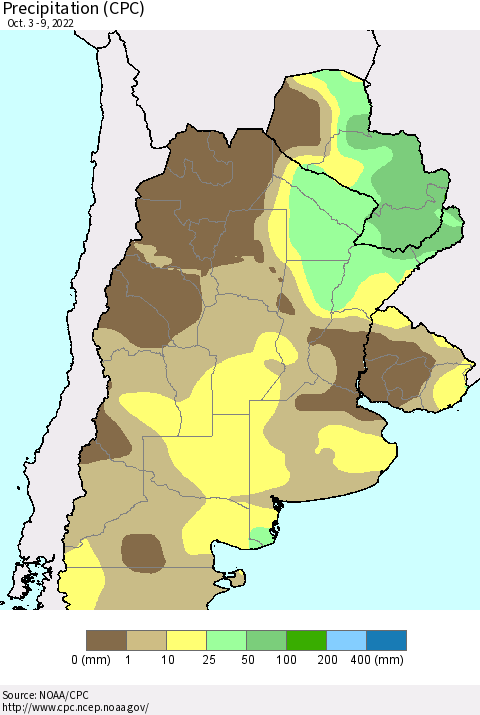 Southern South America Precipitation (CPC) Thematic Map For 10/3/2022 - 10/9/2022