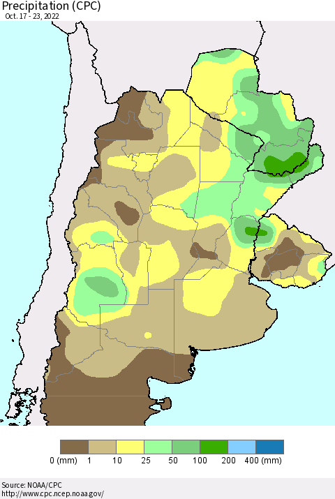 Southern South America Precipitation (CPC) Thematic Map For 10/17/2022 - 10/23/2022