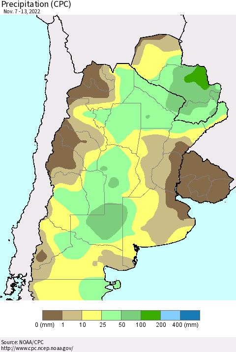 Southern South America Precipitation (CPC) Thematic Map For 11/7/2022 - 11/13/2022