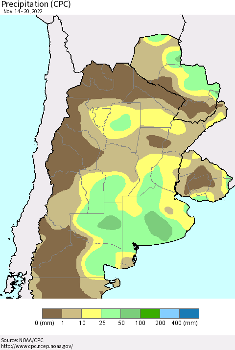 Southern South America Precipitation (CPC) Thematic Map For 11/14/2022 - 11/20/2022