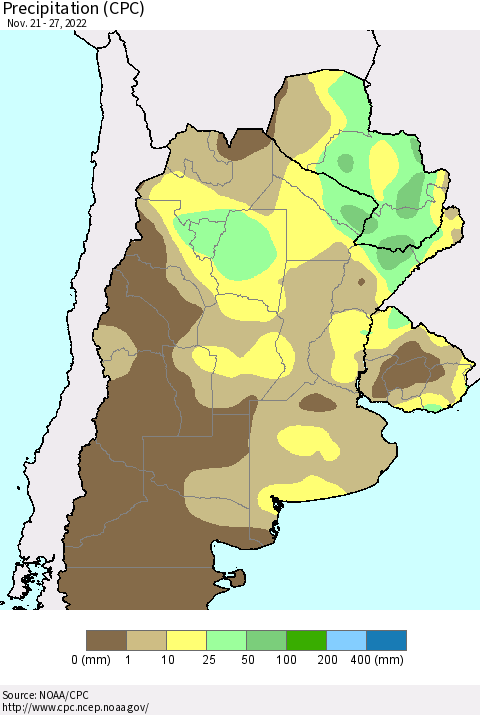 Southern South America Precipitation (CPC) Thematic Map For 11/21/2022 - 11/27/2022
