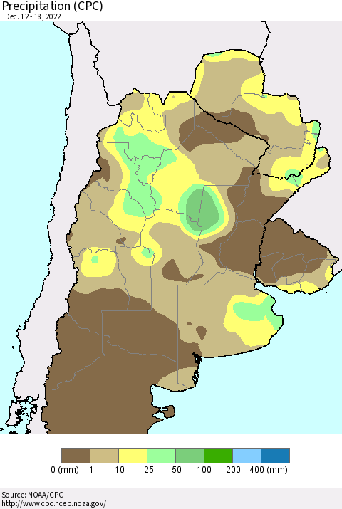 Southern South America Precipitation (CPC) Thematic Map For 12/12/2022 - 12/18/2022