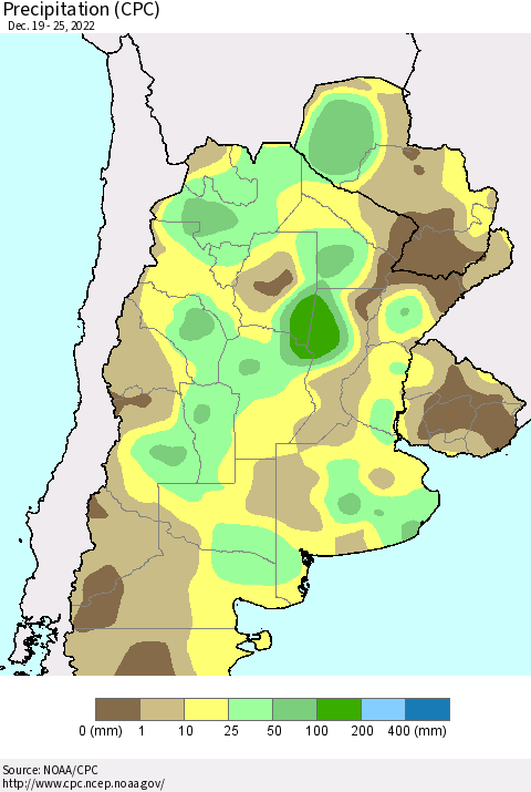 Southern South America Precipitation (CPC) Thematic Map For 12/19/2022 - 12/25/2022