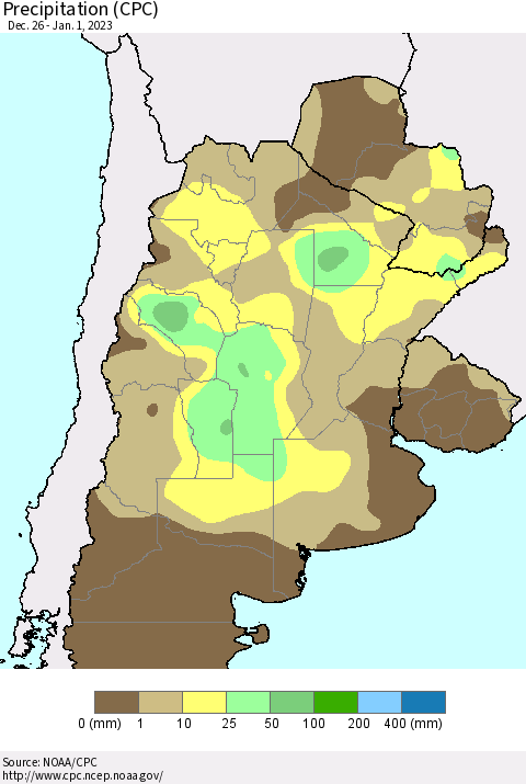 Southern South America Precipitation (CPC) Thematic Map For 12/26/2022 - 1/1/2023