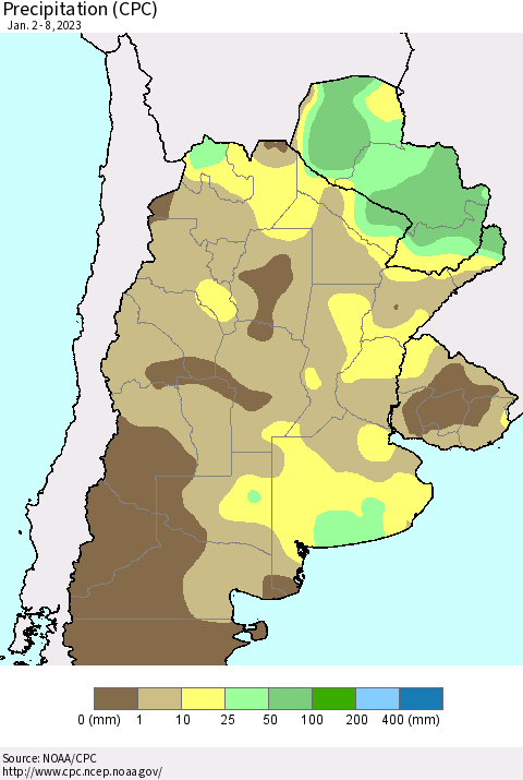 Southern South America Precipitation (CPC) Thematic Map For 1/2/2023 - 1/8/2023