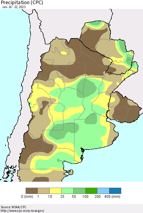 Southern South America Precipitation (CPC) Thematic Map For 1/16/2023 - 1/22/2023