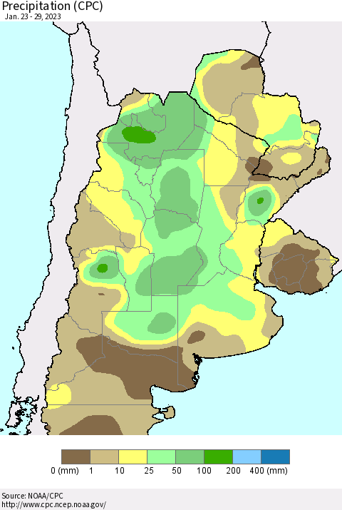 Southern South America Precipitation (CPC) Thematic Map For 1/23/2023 - 1/29/2023