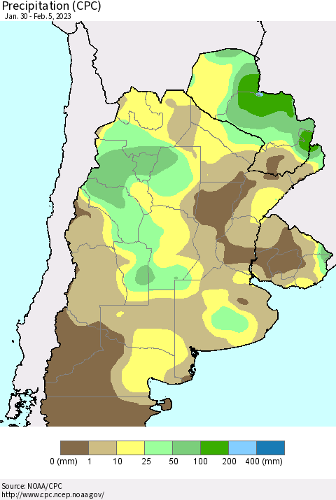Southern South America Precipitation (CPC) Thematic Map For 1/30/2023 - 2/5/2023