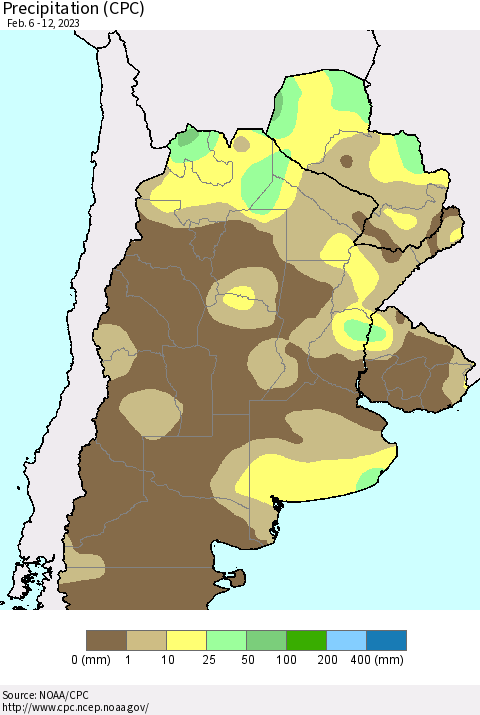 Southern South America Precipitation (CPC) Thematic Map For 2/6/2023 - 2/12/2023