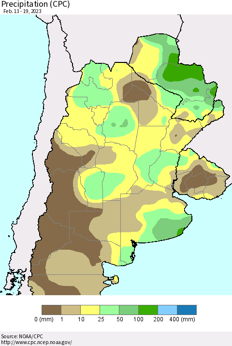 Southern South America Precipitation (CPC) Thematic Map For 2/13/2023 - 2/19/2023