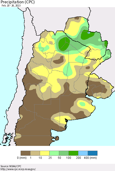 Southern South America Precipitation (CPC) Thematic Map For 2/20/2023 - 2/26/2023