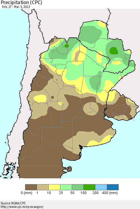 Southern South America Precipitation (CPC) Thematic Map For 2/27/2023 - 3/5/2023