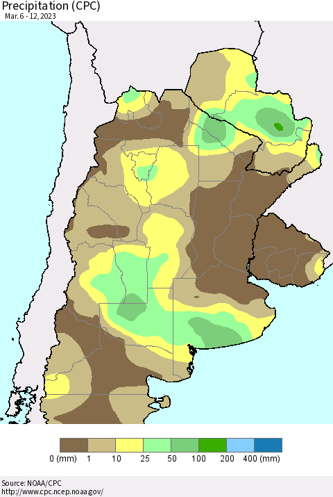 Southern South America Precipitation (CPC) Thematic Map For 3/6/2023 - 3/12/2023