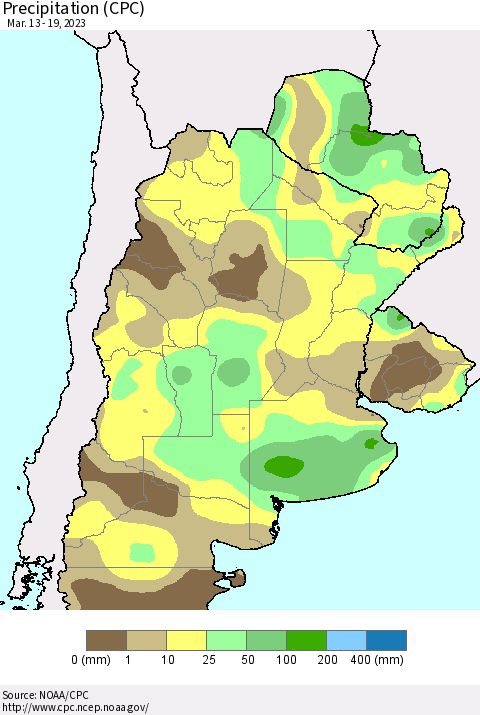 Southern South America Precipitation (CPC) Thematic Map For 3/13/2023 - 3/19/2023