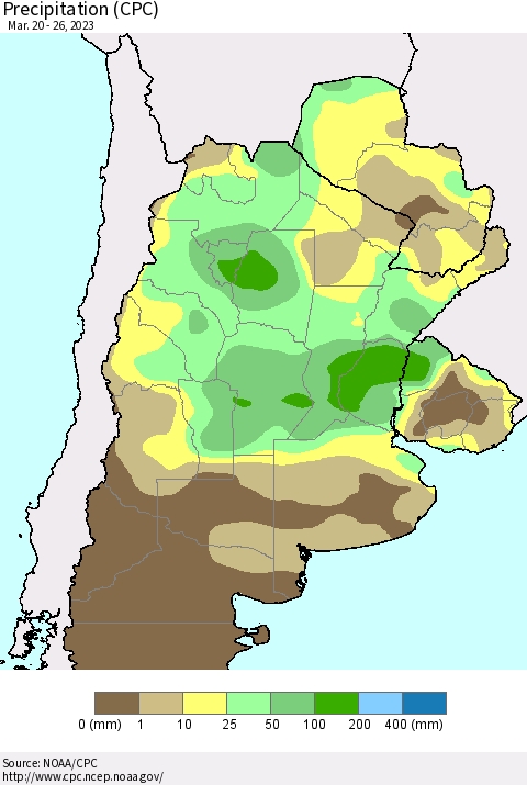 Southern South America Precipitation (CPC) Thematic Map For 3/20/2023 - 3/26/2023
