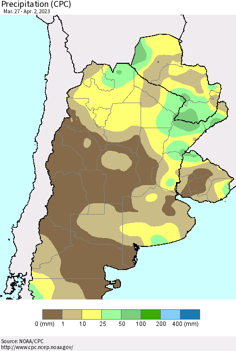 Southern South America Precipitation (CPC) Thematic Map For 3/27/2023 - 4/2/2023