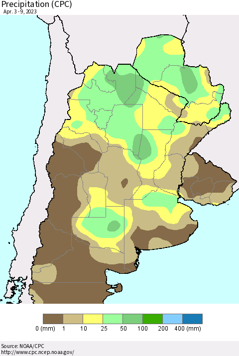 Southern South America Precipitation (CPC) Thematic Map For 4/3/2023 - 4/9/2023