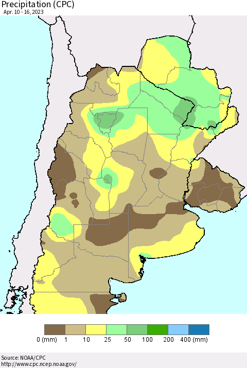 Southern South America Precipitation (CPC) Thematic Map For 4/10/2023 - 4/16/2023