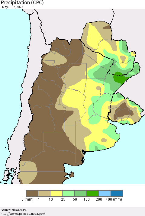 Southern South America Precipitation (CPC) Thematic Map For 5/1/2023 - 5/7/2023