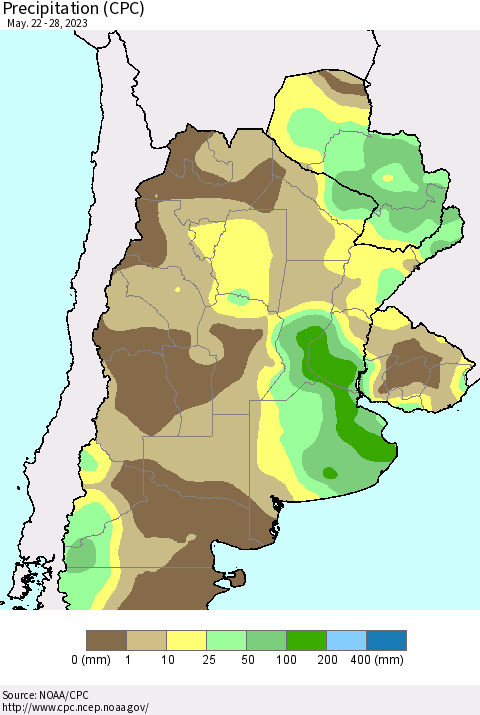 Southern South America Precipitation (CPC) Thematic Map For 5/22/2023 - 5/28/2023