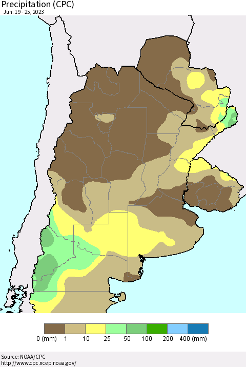 Southern South America Precipitation (CPC) Thematic Map For 6/19/2023 - 6/25/2023