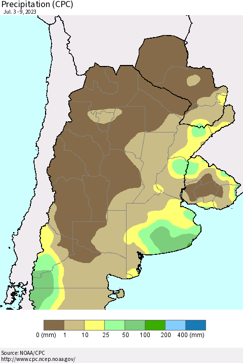 Southern South America Precipitation (CPC) Thematic Map For 7/3/2023 - 7/9/2023