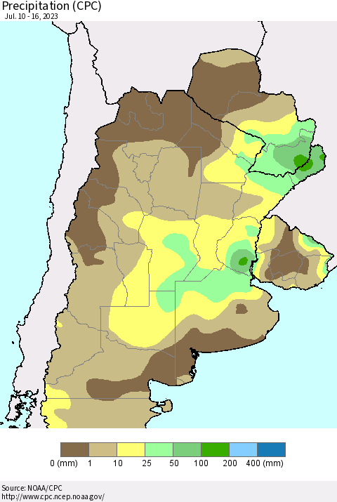 Southern South America Precipitation (CPC) Thematic Map For 7/10/2023 - 7/16/2023