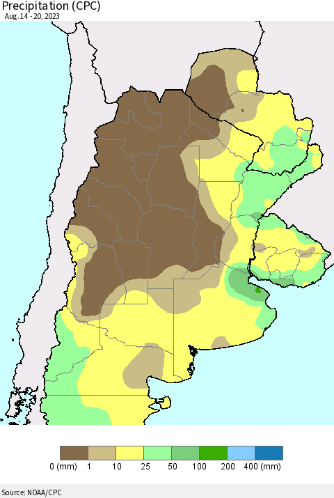 Southern South America Precipitation (CPC) Thematic Map For 8/14/2023 - 8/20/2023