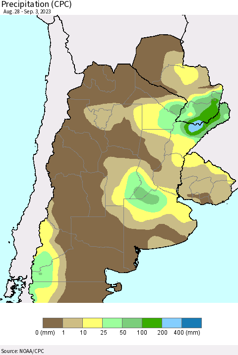 Southern South America Precipitation (CPC) Thematic Map For 8/28/2023 - 9/3/2023