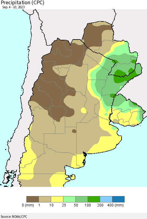 Southern South America Precipitation (CPC) Thematic Map For 9/4/2023 - 9/10/2023