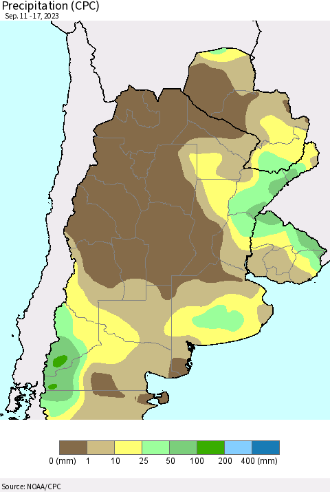 Southern South America Precipitation (CPC) Thematic Map For 9/11/2023 - 9/17/2023