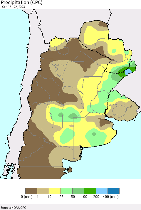 Southern South America Precipitation (CPC) Thematic Map For 10/16/2023 - 10/22/2023