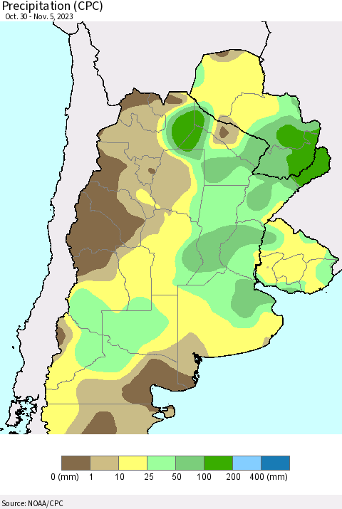 Southern South America Precipitation (CPC) Thematic Map For 10/30/2023 - 11/5/2023