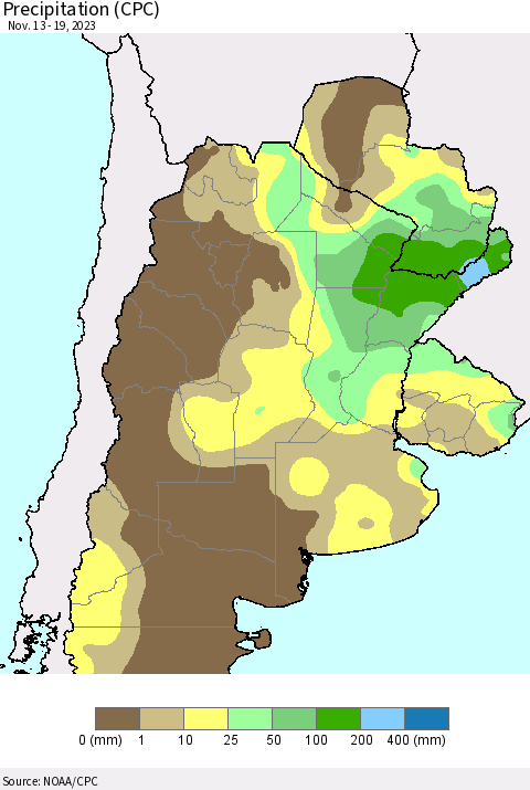 Southern South America Precipitation (CPC) Thematic Map For 11/13/2023 - 11/19/2023