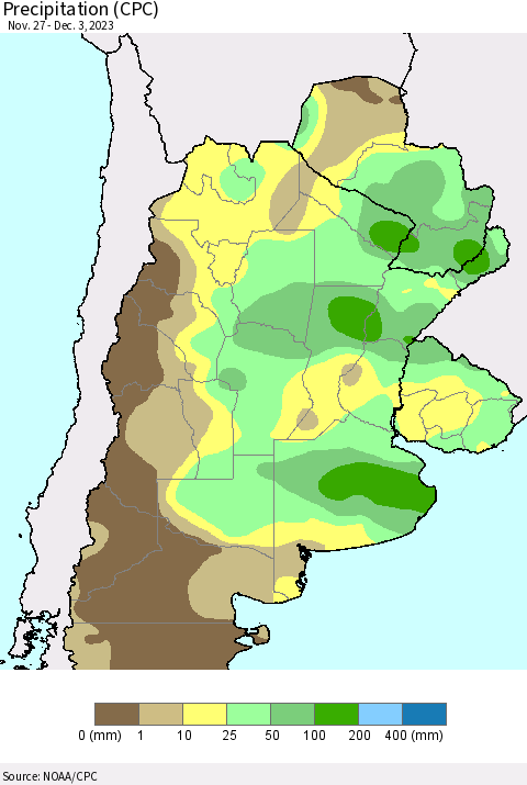 Southern South America Precipitation (CPC) Thematic Map For 11/27/2023 - 12/3/2023