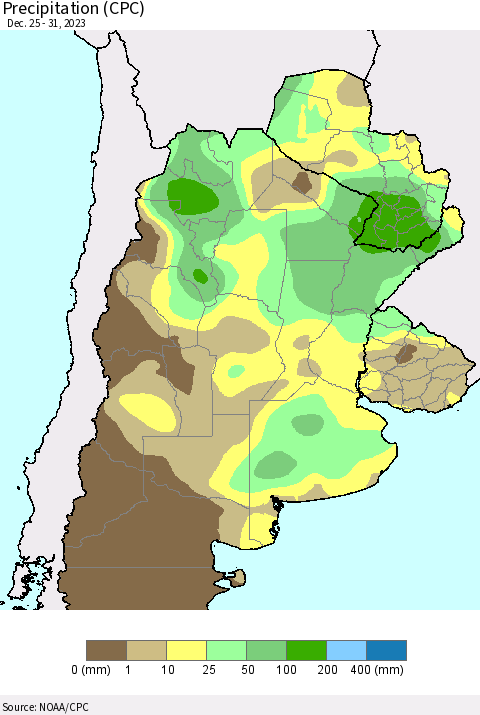 Southern South America Precipitation (CPC) Thematic Map For 12/25/2023 - 12/31/2023