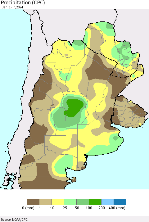 Southern South America Precipitation (CPC) Thematic Map For 1/1/2024 - 1/7/2024