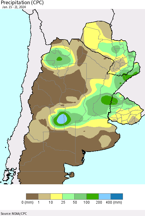 Southern South America Precipitation (CPC) Thematic Map For 1/15/2024 - 1/21/2024