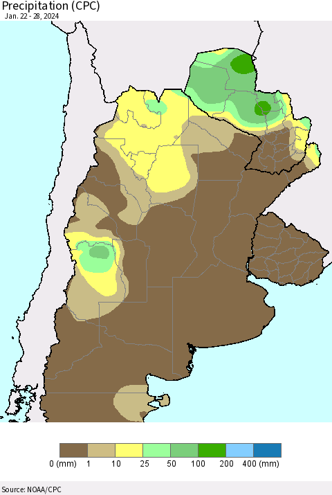 Southern South America Precipitation (CPC) Thematic Map For 1/22/2024 - 1/28/2024