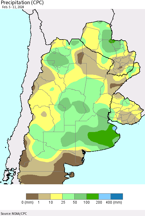 Southern South America Precipitation (CPC) Thematic Map For 2/5/2024 - 2/11/2024