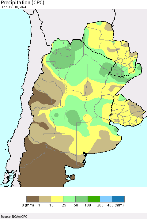 Southern South America Precipitation (CPC) Thematic Map For 2/12/2024 - 2/18/2024