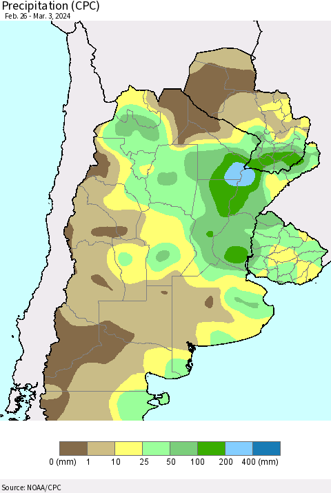Southern South America Precipitation (CPC) Thematic Map For 2/26/2024 - 3/3/2024