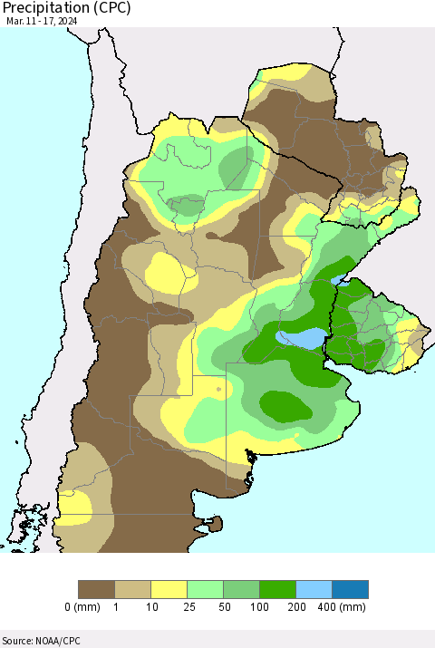 Southern South America Precipitation (CPC) Thematic Map For 3/11/2024 - 3/17/2024